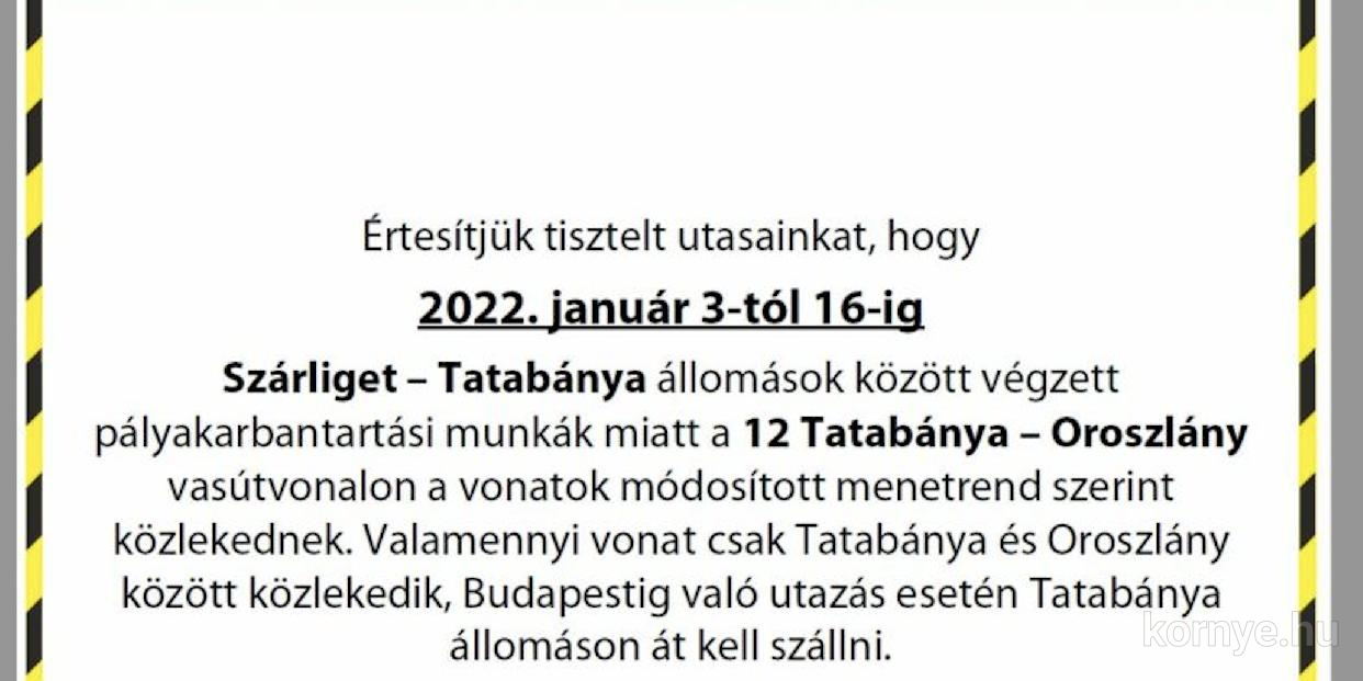 Módosított menetrend a Tatabánya – Oroszlány vasútvonalon
